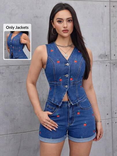 SHEIN ICON Áo vest denim nữ dáng casual, không co giãn, thêu hình quả anh đào, màu xanh nhạt.