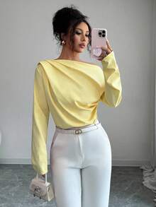 Elenzga Women's New Autumn Ruched Asymmetrical Shoulder Long Sleeve Blouse - Light Yellow - View 4