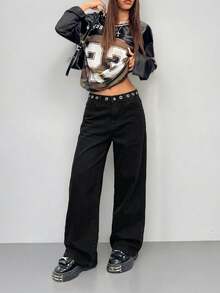 SHEIN PETITE Pantalones vaqueros negros de mujer con estilo Y2K viral, cintura alta, pierna ancha con ojales metálicos, ropa casual de calle para verano. Pantalones vaqueros de mujer con diamantes incrustados, cintura baja, pierna ancha, estilo Y2K para festivales de música - Negro - Ver 5
