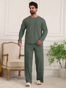 DAZY Men's Long Sleeve Top And Pants Loungewear Set, Autumn - Green - View 5
