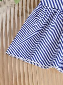 SHEIN Genkimix Kids Young Girls' Sleeveless Striped Button-Down Casual Dress - Royal Blue - View 7