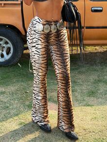 Muchica Women's Knitted Tiger Print Flared Pants - Multicolor - View 1