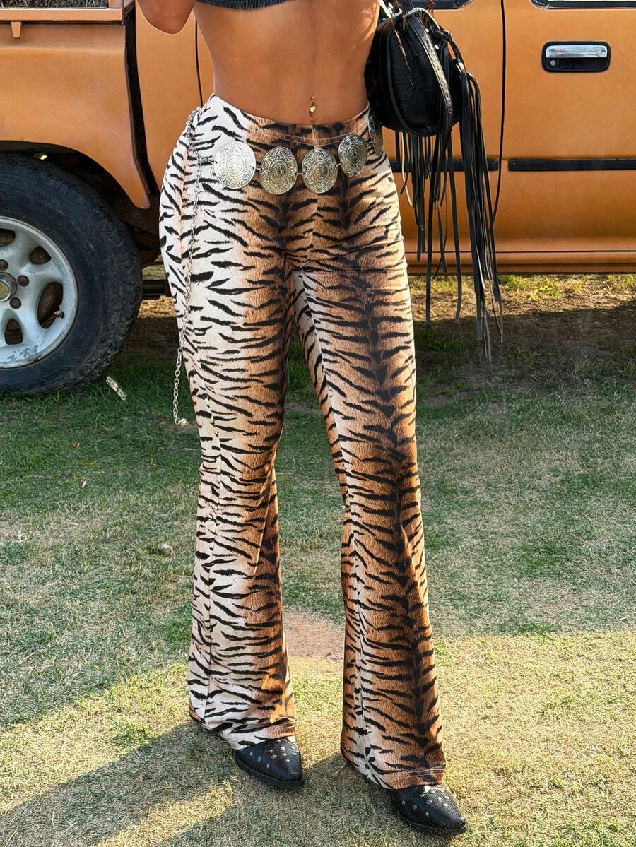 Muchica Women's Knitted Tiger Print Flared Pants - Multicolor - View 1