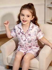 2pcs/Set Piyama Anak Perempuan Motif Kelinci Lucu, Kardigan Lengan Pendek dan Celana Pendek - Berwarna merah muda - View 5