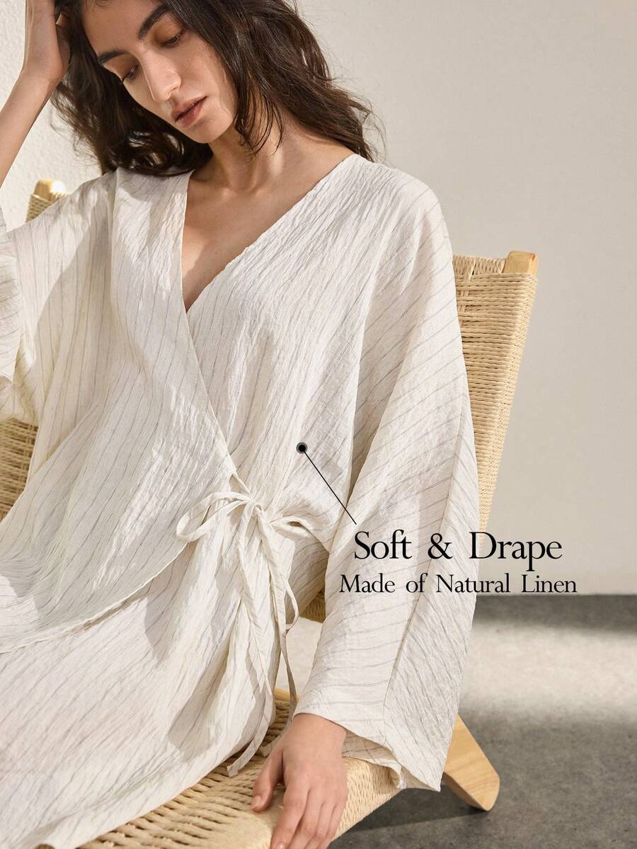 Ocili 舒适天然亚麻条纹和服睡袍(女士款) - 米色 - 查看 1