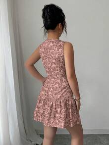 Selianne Bohemian Style Elegant Floral Print Sleeveless Belted Mini Dress, Suitable For Graduation Season, Festivals And Summer Wear, Spring/Summer - Pink - View 2