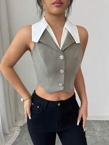 SHEIN Clasi Elegant Contrast Color Splicing Metal Single-Breasted Sleeveless Short Women Blazer - Multicolor - View 3