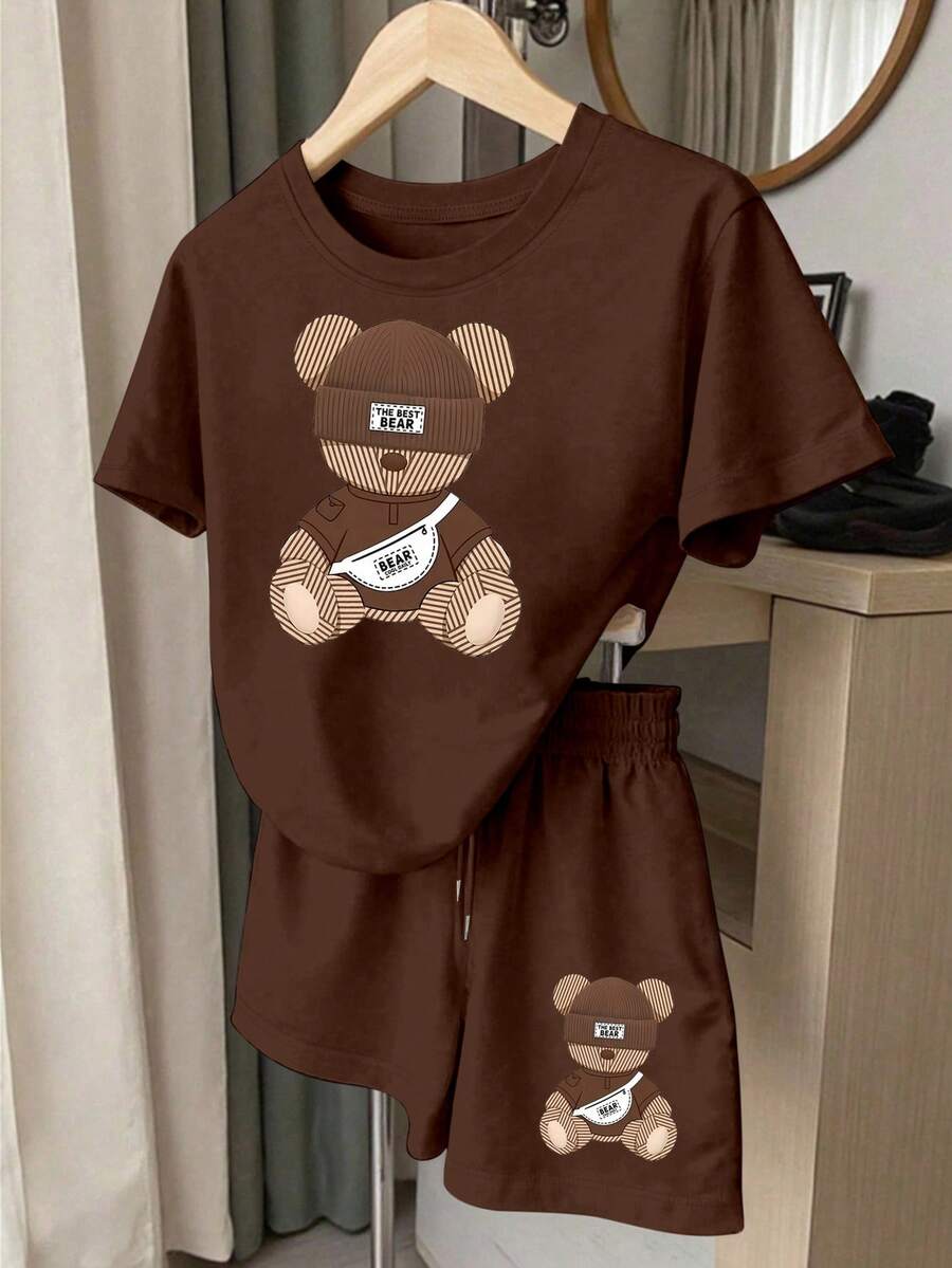 Resyla Conjunto de camiseta de manga corta y pantalones cortos con estampado de oso de dibujos animados, casual para vacaciones y viajes, verano - Café integral - Ver 1