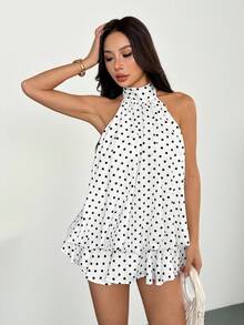 SHEIN PETITE Váy ngắn hở lưng họa tiết chấm bi thanh lịch dành cho nữ - trắng - Xem 9