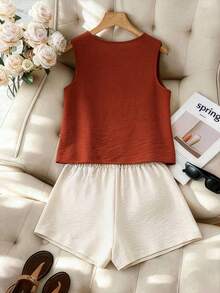 Weeklong Conjunto de 2 piezas de chaleco y pantalones cortos asimétricos de talla grande para mujer, de estilo retro francés elegante y casual para el verano - Naranja Quemada - Ver 2