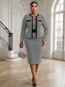 Fleurora Setelan 2 Potong Elegan 2 Potong Motif Houndstooth Ukuran Plus, Gaun Cokelat, Gaun Musim Dingin - Hitam dan Putih - View 4