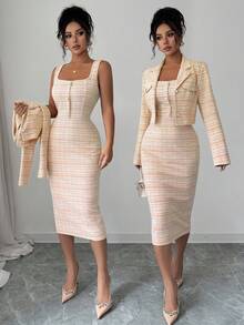 Elenzga Bộ vest vải tuýt 2 mảnh: Áo khoác blazer cổ khoét thanh lịch + Váy ôm sát không tay, trang phục sang trọng, quý phái cho mùa xuân/thu - trái cam - Xem 6