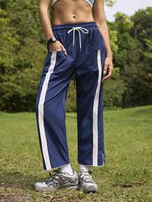 In My Nature Women's Woven Low-Stretch Contrast Color Cropped Running Pants - Navy Blue - View 1