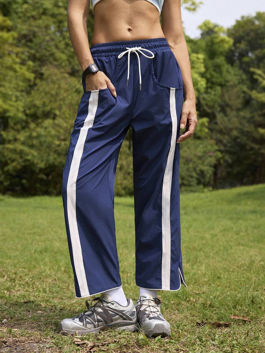 In My Nature Women's Woven Low-Stretch Contrast Color Cropped Running Pants - Navy Blue - View 1