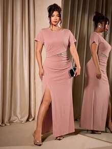 Allurite Vestido corto de manga corta con abertura en el bajo, con adornos de cuentas y cristales, elegante y apropiado para uso diario y fiestas, tallas grandes para mujeres - Rosa vieja - Ver 4