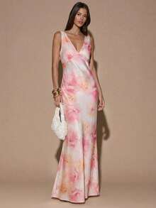 SHEIN BAE 极简纯色印花性感深V领无袖露背系带长款美人鱼连衣裙，适合派对、鸡尾酒会、正式场合、伴娘、生日、圣诞节、宴会等场合，黄色缎面长裙。 - 粉色 - 查看 2