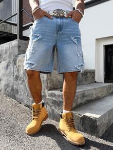Manfinity EMRG Men's American Hip Hop Streetwear Star Patch Distressed Loose Wide Leg Denim Shorts - Light Wash - View 4