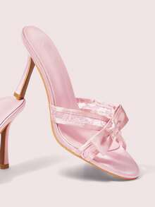 CUCCOO DOLLMOD 女士粉色缎面蕾丝网眼拼接蝴蝶结时尚优雅春夏婚礼气质圆头交叉绑带凉鞋 - 淺粉色沙丁 - 查看 2