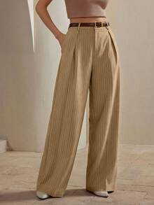 Anewsta Women's Elegant High-Waisted Brown Striped Wide-Leg Suit Pants,Urban Chic Crease Design,Khaki,Summer,Casual,Bissness Commuter Trousers For Daily Wear - Khaki - View 6