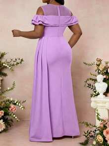 Fleurora Plus Size Women Elegant Purple Floral Sequin Patchwork Ruffle Off-Shoulder Dress,Summer Wedding Guest Chic Evening Formal Party Graduation Outfits - Purple - View 2