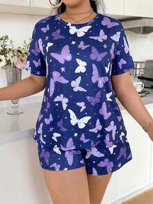 SHEIN Butterfly Print Round Neck Short Sleeve Shorts Pajama Set, Plus Size - Blue - View 4