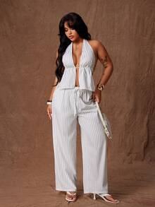 Rustia Plus Size Women V-Neck Striped Halter Top And Wide Leg Pants 2 Pieces Set - Apricot - View 8