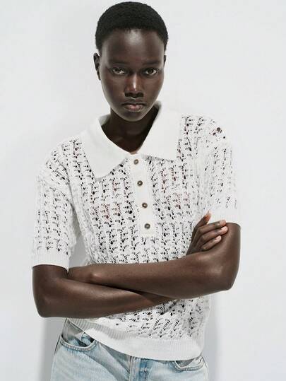 SHEIN Luminelle Sweter polo z siateczki z kołnierzykiem i metalowymi guzikami dla kobiet