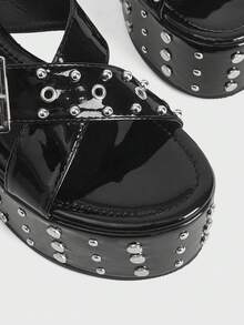 Sugerpunk Ladies, Spike Buckles, Lame-Heeled Platform Sandals. - Black - View 3