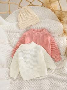 SHEIN 2pcs Newborn Baby Girl Cute Versatile Solid Color Long Sleeve Sweater, Autumn/Winter Fall - Multicolor - View 2