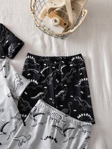 4pcs/Set Young Boy's Spring/Summer Knit Crew Neck Short Sleeve Shorts Pajama Set, Dinosaur Graphic Print, Casual Tight-Fit Loungewear - Multicolor - View 5