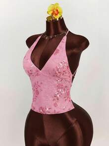 Amplova 2025新款夏季度假装扮，刺绣串珠深V领休闲性感吊带背心，适合派对和返校季穿着 - 粉色 - 查看 2