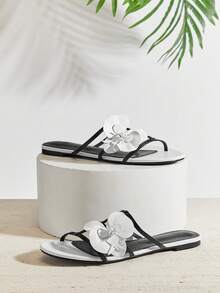 SHUZIA Sandal đế bằng cổ điển thắt nơ đơn giản dành cho nữ, thích hợp mang hàng ngày vào mùa hè. - Đen và trắng - Xem 4