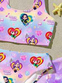 Cartoon Girl , Vibrant Purple, Cartoon Girl Group Swimwear Print Pattern, Tween Girl Casual Minimalist Camisole & Triangle Bikini Swimwear Set, Suitable For Summer - Multicolor - View 6