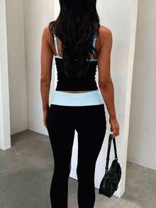 SHEIN EZwear 天蓝色和黑色系带吊带背心和裤子套装，适合春夏穿着 - 藍色 - 查看 2