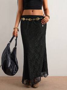 Plus Size Solid Color Lace Fitted Long Skirt, Summer Sexy Party  Holiday Outfits Beach Dress Boho Style Hippie Black - Black - View 7