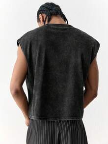 SWAVVY Kaos Pria Lengan Pendek Longgar Kasual, Ukuran Standar, Warna Hitam dengan Desain Blok Warna yang Dicuci - Hitam - View 6