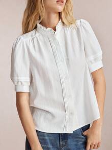 BizChic White Round Neck Short Sleeve Shirt, Business Formal, Vacation Style, Slouchy, Commute, Date, Daily, Vacation, Office, Independence Day, Graduation Season, Music Festival, Slimming, Elegant, Versatile, Summer, Party, Wedding Guest, Outing, Beach, Gathering, Social, Holiday, Shopping, Afternoon Tea, Travel, Minimalist - White - View 7