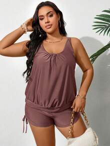 Swim Lushoire Plus Size Women's Solid Color Pleated Tankini Bikini Set Set, Beach & Resort Style - Dusty Pink - View 5
