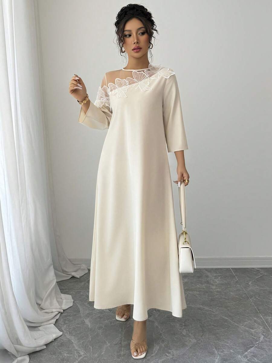 SHEIN PETITE Mid-Length Patchwork Mesh Trim Semi-Sheer Dress For Women - Apricot - View 1