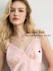 Ocili Women's Lace Ruffle Casual Everyday Camisole Nightgown - Pink - View 3