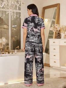 撞色泡泡褶皱印花女士睡衣套装 - 黑色 - 查看 2