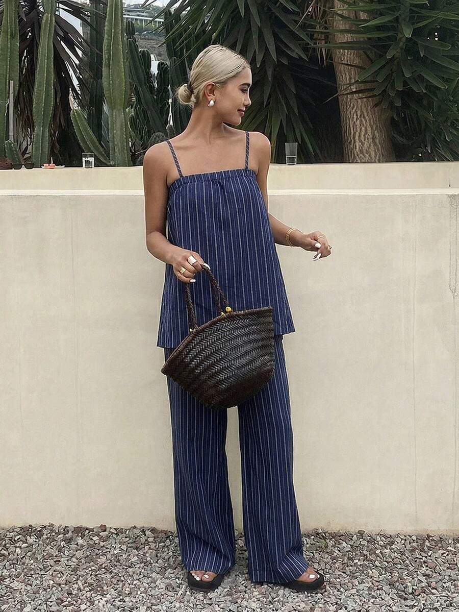 DAZY Conjunto de 2 piezas de verano para mujer, de unicolor, informal, para descansar - Azul Marino - Ver 1