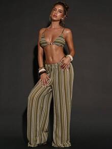 SHEIN BAE 女士弹力腰带条纹宽松度假罩衫裤 - 綠色 - 查看 5