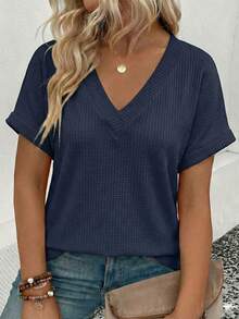 EMERY ROSE New Arrival Plus Size Women's Fashion Casual Versatile Bestselling Neon Color V-Neck Short Sleeve T-Shirt - Navy Blue - View 1