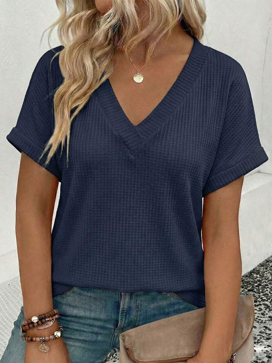 EMERY ROSE New Arrival Plus Size Women's Fashion Casual Versatile Bestselling Neon Color V-Neck Short Sleeve T-Shirt - Navy Blue - View 1