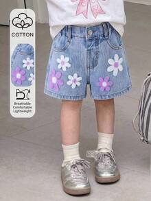 SHEIN 2026夏季新款浅蓝色水洗Y2K甜美风重工刺绣宽松阔腿休闲牛仔短裤，美式复古多巴胺夏季度假装 - 淺色水洗藍 - 查看 3