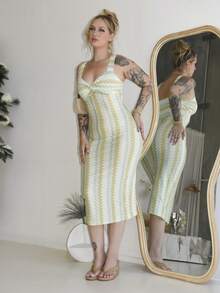 Arliah 女士印花扭结休闲度假中长吊带裙 - 綠色 - 查看 3