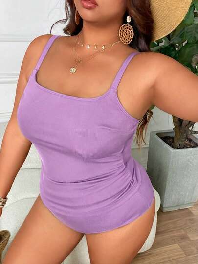 Swim Lushoire Plus Size Women's Slimming One-Piece Swimsuit, Purple Comfortable Beach Vacation Swimwear, Elegant Backless Square Neck Bikini