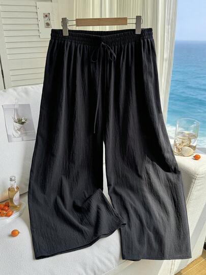 CovetEZ Quần dài lửng 7/8 bằng vải lanh cỡ lớn, kiểu dáng thường ngày, có dây rút, đa năng cho mùa xuân và mùa hè.