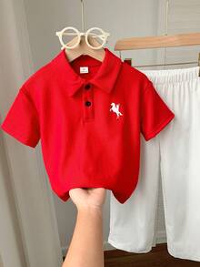 SHEIN 2件組兒童青少年男童橘色夏季字母圖案拼接圓領短袖鈕扣上衣休閒短褲運動套裝街頭風字母運動休閒款柔軟舒適適合戶外運動 - 橘色 - 查看 8